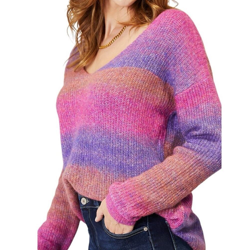 Purple Pink Ombre Rib-Knit V-Neck Knit Pullover Sweater NWT - Double Take - Picture 6 of 10
